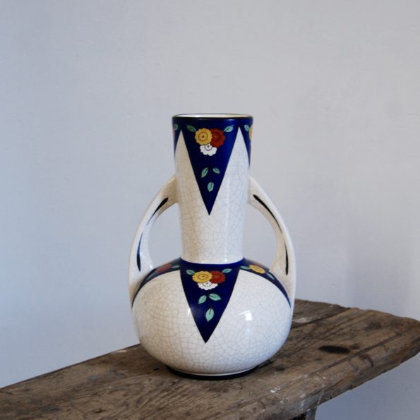 Vase à anses en faïence fond craquelé type Longwy Art Déco