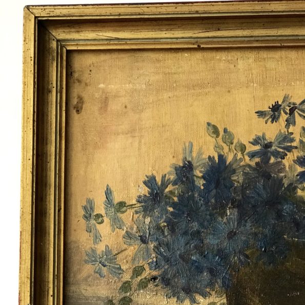 Huile sur toile encadrée bouquet de fleurs bleues signée G.Champion 1915 souvenir cordial