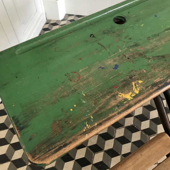 Bureau ou pupitre d'écolier en bois et métal 2 places vintage enfant vert