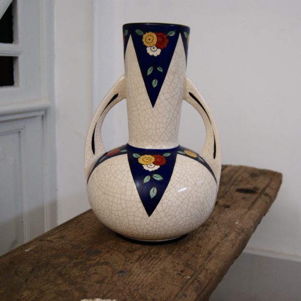 Vase à anses en faïence fond craquelé type Longwy Art Déco