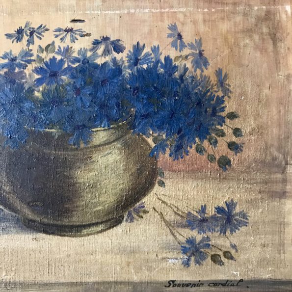 Huile sur toile encadrée bouquet de fleurs bleues signée G.Champion 1915 souvenir cordial